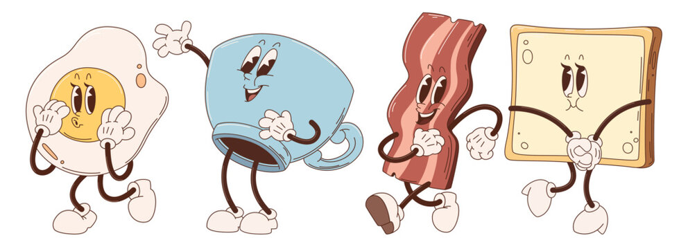 Retro breakfast characters set - cartoon vector illustrations of whistling fried egg, smiling bacon strip, happy blue cup, friendly toast slice with cheese. Vintage quirky food mascot collection.