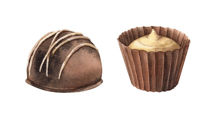 Chocolate, truffle or candy with filling, another chocolate basket with yellow filling. Set of watercolor realistic illustrations, suitable for packaging sweet food, confectionery, menu design