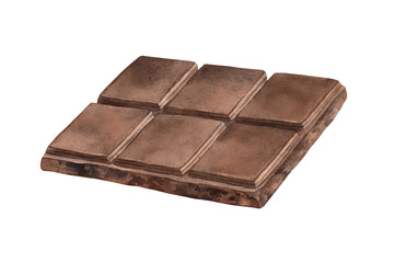Large solid bar of milk or dark chocolate without filling. Watercolor realistic illustration on isolated background, suitable for packaging and branding of sweet food, confectionery, menu design
