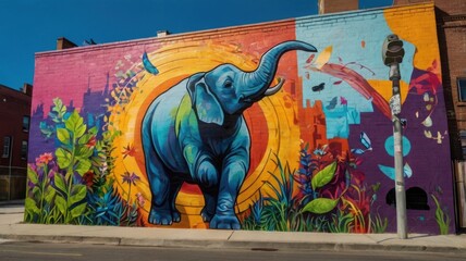 A stunning mural featuring urban wildlife with interactive animal elements, blending nature with city life in a creative and engaging way