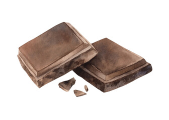 Two broken pieces and crumbs of dark or milk chocolate. Watercolor realistic illustration on isolated background, suitable for packaging and branding of sweet dishes, confectionery, menu design