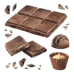 Chocolate desserts, chocolate bar, broken pieces, truffle and chocolate candy with cream. Watercolor set of pictures for food packaging, confectionery branding, menu design and dessert-themed projects