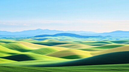 Vibrant agricultural fields stretch to the horizon, forming geometric patterns of different shades of green, contrasting against the clear blue sky.