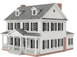 Cape Cod house with a steep roof and dormer windows. isolated on transparency background. House mortgage or real estate investment concept image. House buying finance banking service marketing poster.