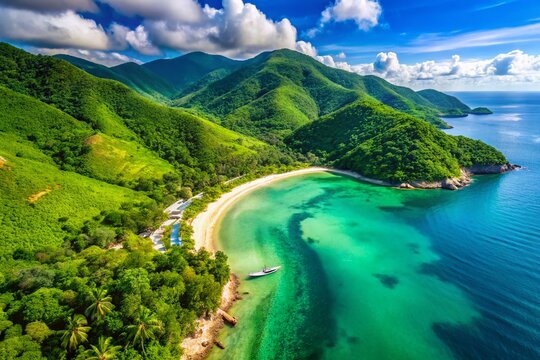 Aerial View Cu Lao Cham Island, Da Nang, Vietnam: Lush Mountains, Sandy Beach, Turquoise Sea