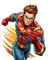 Pop art comic book style super hero punching with male superhero costume poster design on a white background