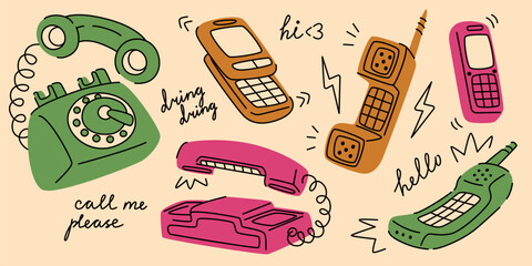 Vintage cartoon phone set illustration - retro rotary dial telephone, hand drawn flip mobile, old fashioned push button handset. Quirky funky sketch of outdated communication technology devices.