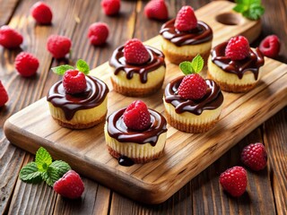 Aerial View: Delicious Mini Cheesecakes with Chocolate Sauce & Raspberries on Rustic Wood