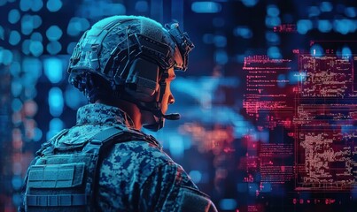 Military personnel analyzing data in tactical command center