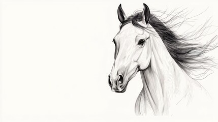 Fototapeta premium Ink illustration abstract background idea. A detailed sketch of a graceful white horse with flowing mane in black and white.