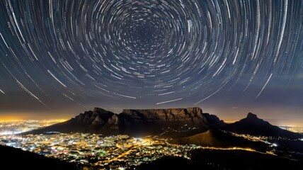 A breathtaking nighttime view of Table Mountain, captured with a long exposure to reveal mesmerizing star trails in the sky.