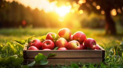 photo of freshly picked red apples in a wooden crate on grass in sunshine light.