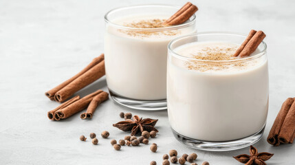 Two glasses of eggnog topped with cinnamon and clove spice on a minimalist background for festive holiday season