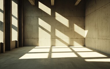 Obraz premium Sunlit Empty Concrete Room Interior. Warm light streams through large windows, casting diagonal shadows on the textured walls and floor. Minimalist architecture, industrial-style space