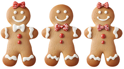 A set of deliciously adorable gingerbread men Christmas cookies with smiling faces white icing festive candy buttons isolated on a transparent background