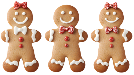 A set of deliciously adorable gingerbread men Christmas cookies with smiling faces white icing festive candy buttons isolated on a transparent background