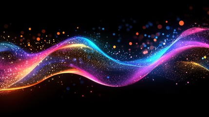 Vivid multicolor waves twisting and turning, infused with dazzling particles, glowing in the night.