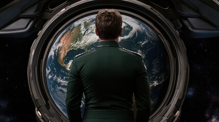 Astronaut in Green Uniform Contemplates Earth Through Spaceship Porthole
