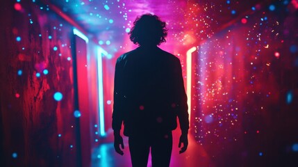 Vivid neon particles floating in a futuristic corridor, creating a mesmerizing abstract space with high-tech aesthetics.