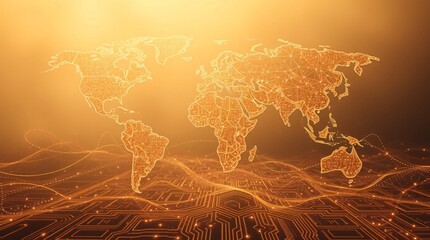 holographic world map with glowing circuit lines and interconnected data points