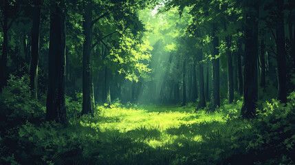 Obraz premium It is a natural landscape of a forest with sunlight pouring down, green weeds growing on the ground, and many tall, green trees.
