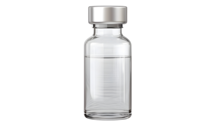 Transparent glass medical bottle filled with clear liquid sealed with a silver metal cap isolated on a transparent background with lighting and reflections