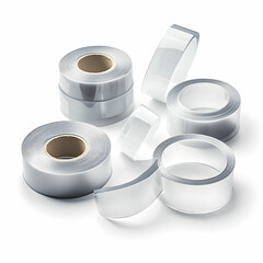 Rolls of transparent adhesive sticky tape in various widths and lengths, isolated on a white background
