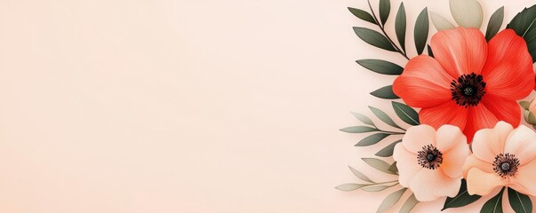 Obraz premium Floral illustration abstract background idea. Beautiful floral arrangement featuring vibrant red and soft pink flowers with leaves.