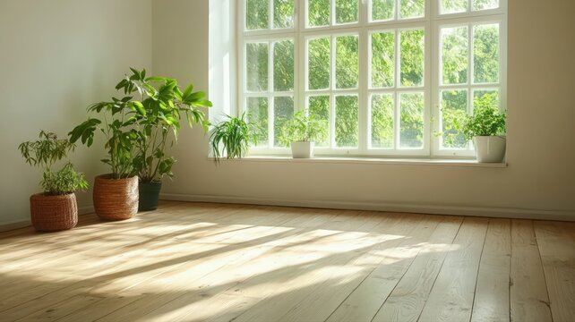 Sunlit Room Interior with Potted Plants and Hardwood Floors
