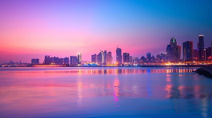 Fototapeta premium Skyline Reflection on Water at Dusk with Colorful Pink and Blue Sky