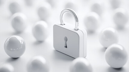 Secure padlock surrounded by white spheres on a dark background representing data encryption and security concepts