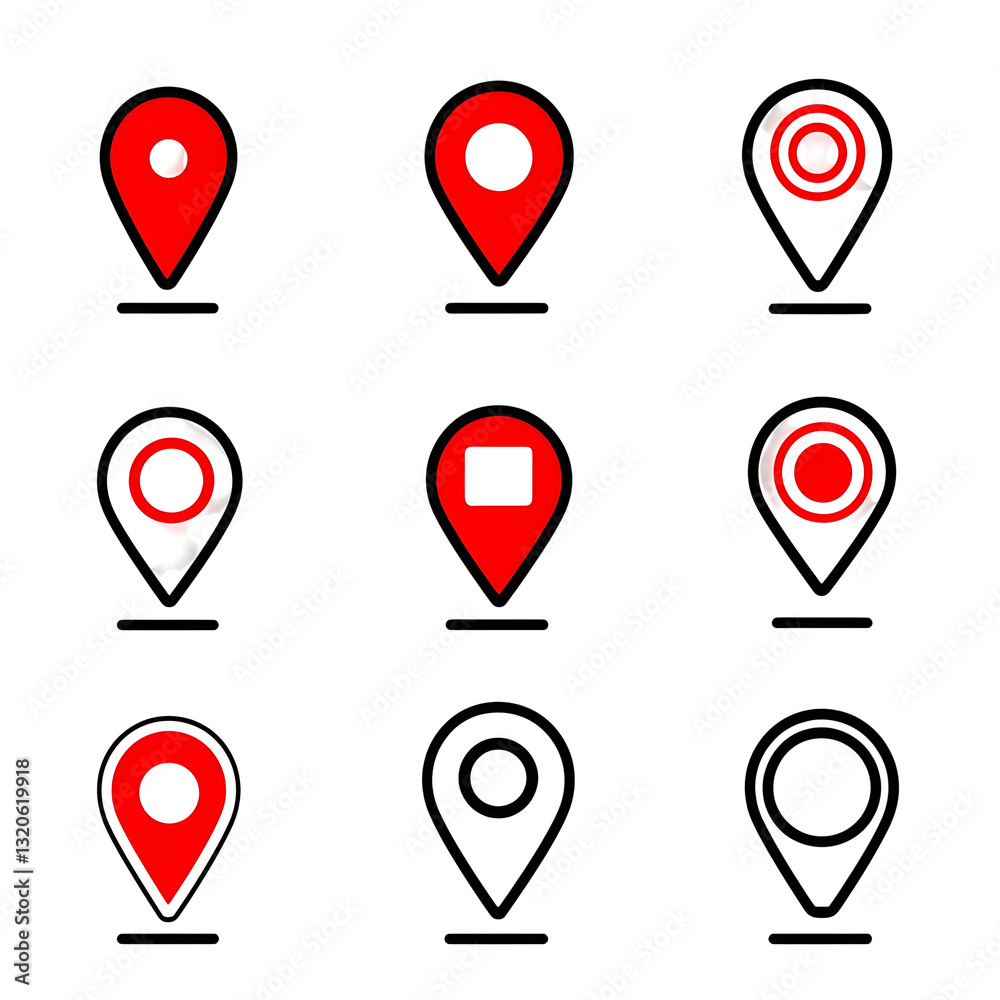 Poster A set of modern  minimalist red linear style location pins featuring various circular base designs and clean  precise geometric icon graphics  isolated on a transparent background