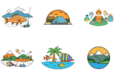 Naklejka premium Dreamy Fishing Boats on Calm Lake Water Collection Icons