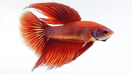 Fototapeta premium Vibrant red and white betta fish with intricate patterns and graceful movement isolated on a bright white background