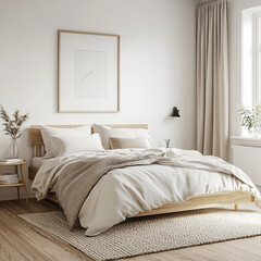 Illustration of bright and cozy bedroom interior with minimalist design and natural light