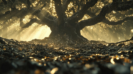 Fototapeta premium Beautiful nature image of sunlight streaming through thick, twisted and lush old trees