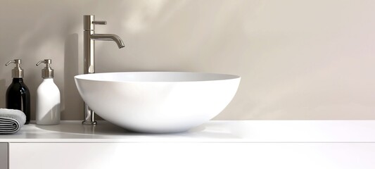 White round ceramic washbasin on vanity countertop counter, chrome faucet in bathroom in dappled sunlight on cream beige wall for modern, luxury beauty, cosmetic, skincare, body care background 3D