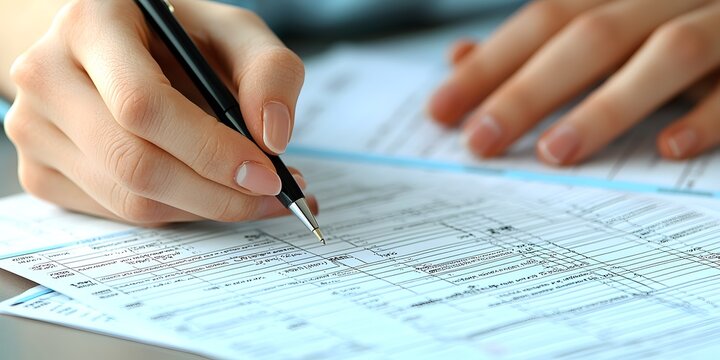Hands diligently filling out tax forms with a pen during the tax season. Generative AI