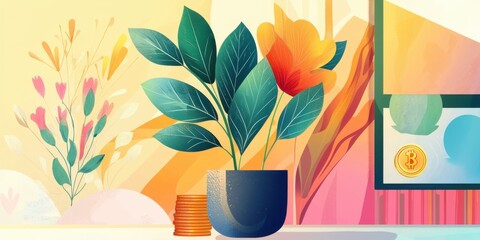Close-up of flourishing plant and coins home office prosperity art