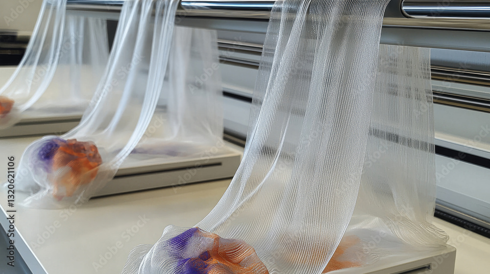 Aufkleber image showcases modern printing machine with translucent fabric draping elegantly over colorful objects, creating visually striking effect