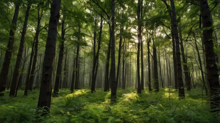 Naklejka premium A lush and serene forest background featuring tall trees, dense greenery, and a peaceful natural atmosphere, perfect for nature-themed designs.