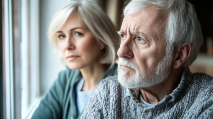 Thoughtful parents reviewing college savings options while looking out a window with hopeful expressions and future plans