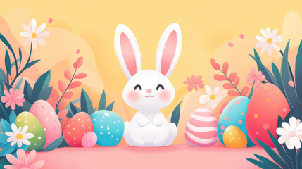 Obraz premium Adorable Easter bunny surrounded by colorful eggs and spring flowers in pastel background, Copy Space, Easter Blank Background Space For Text. Easter Background Illustration Design