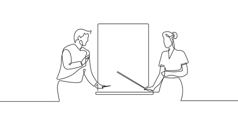 Woman and Man Working Together Trendy Line Art Drawing. Presentation Minimalistic Black Lines Drawing on White Background. Continuous One Line Abstract Drawing. Peoples Modern Design. Vector EPS 10