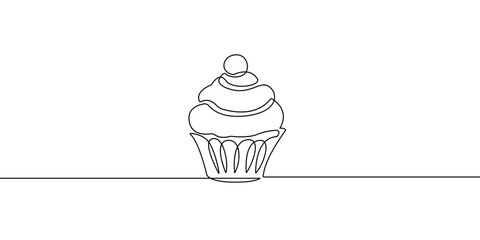 Cupcake Continuous One Line Drawing. Cake Trendy Minimalist Vector Illustration. Dessert Food One Line Abstract Drawing Minimalist Contour Style for Modern Design.