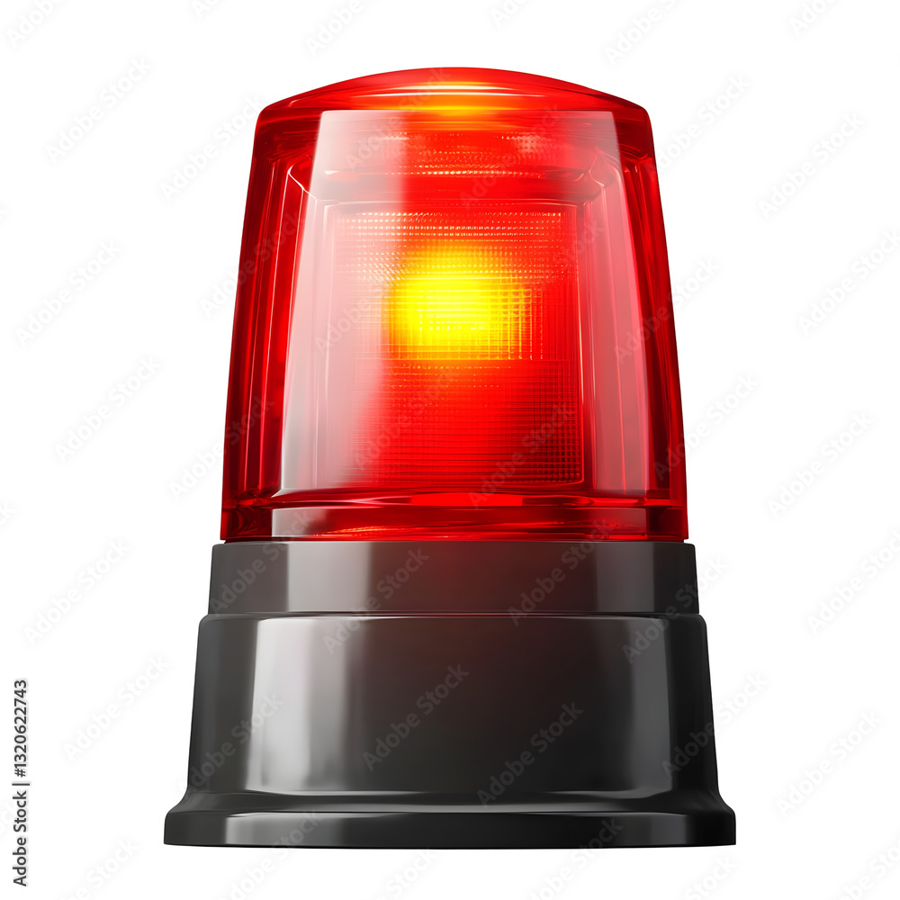 Poster a 3d rendered red flashing emergency siren with a bright internal light source reflective glass cove