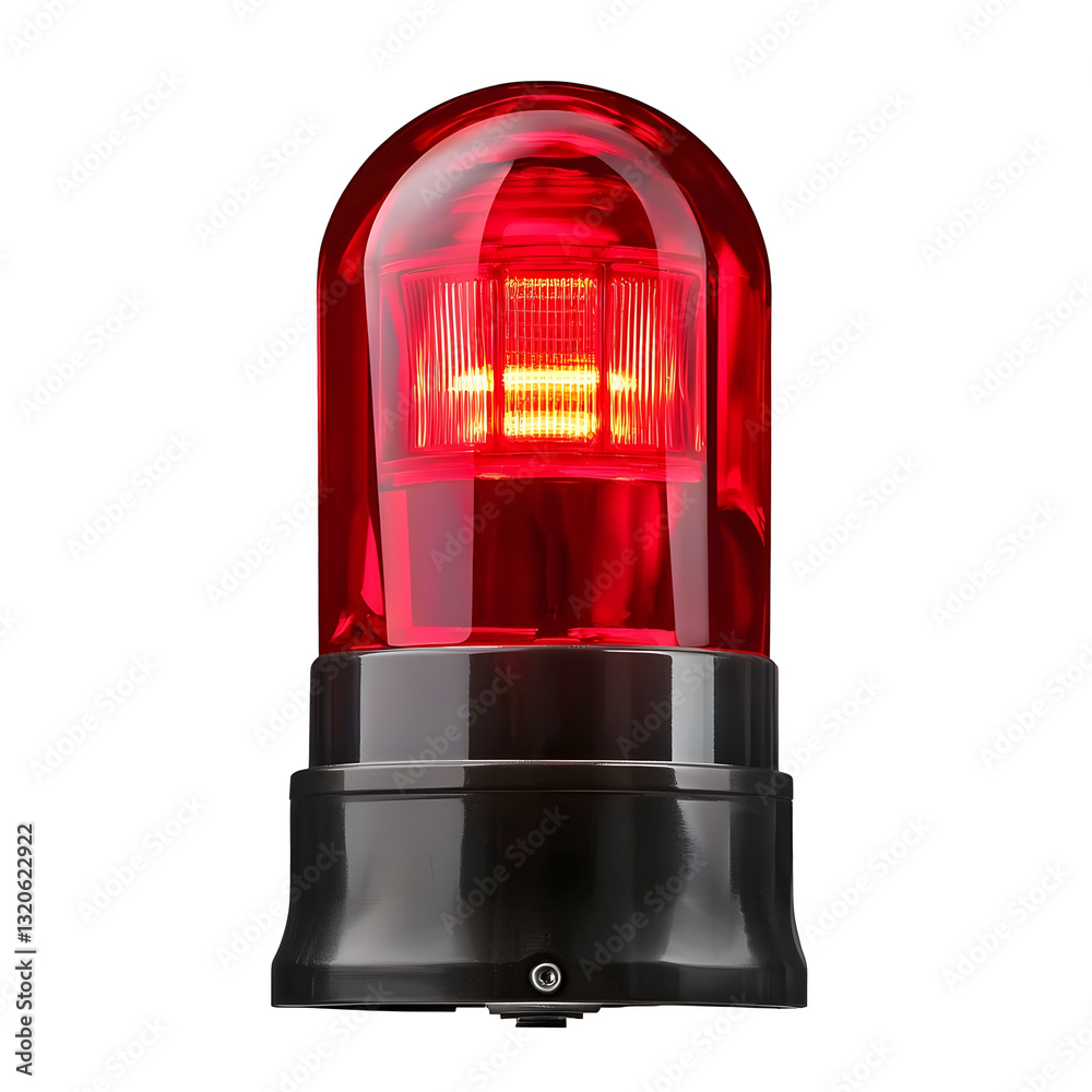 Poster Intense red emergency light fixture with a glowing effect  dark metallic base  and a clear plastic dome  floating on a transparent background