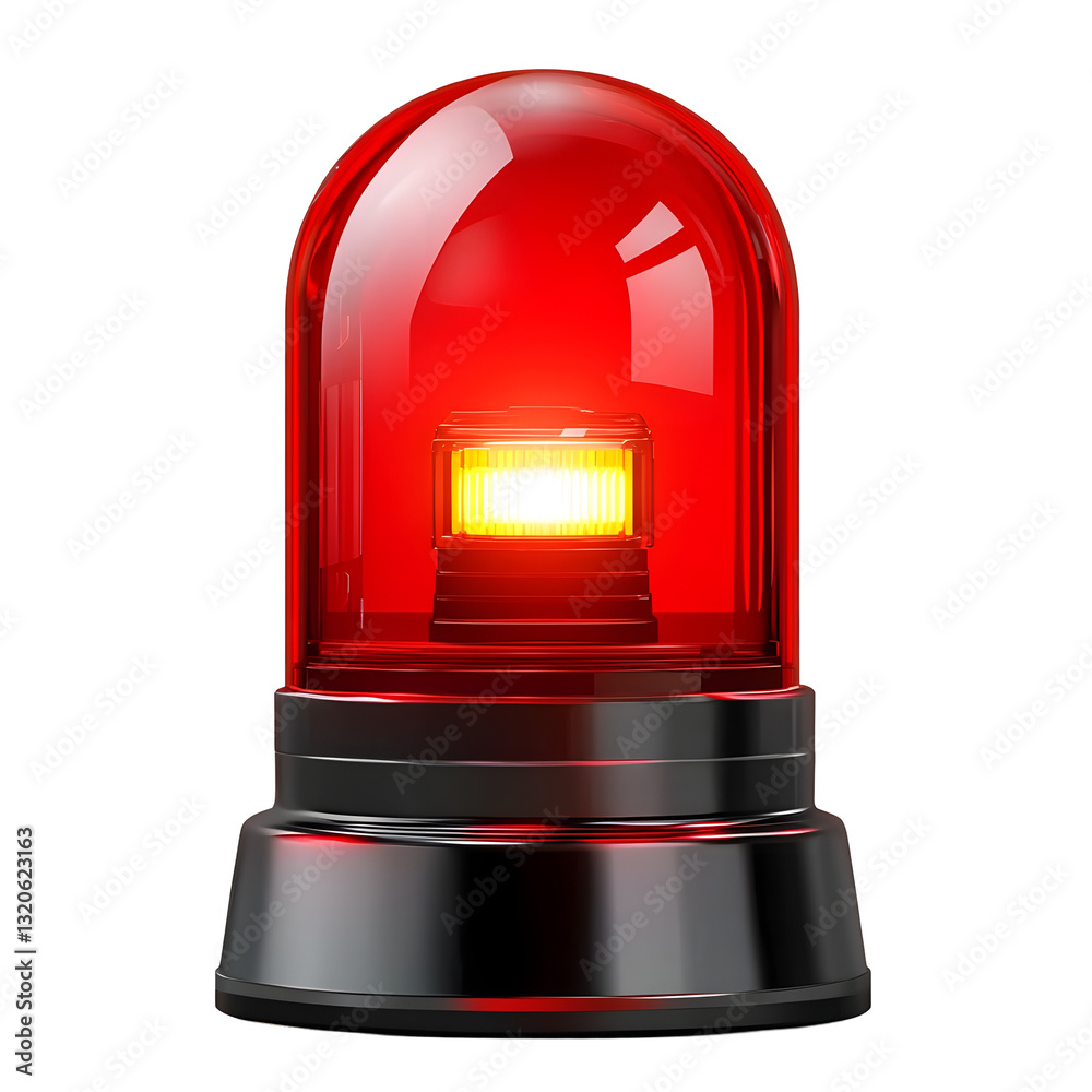 Poster red emergency warning light with a glowing effect transparent glass dome and metallic base isolated 