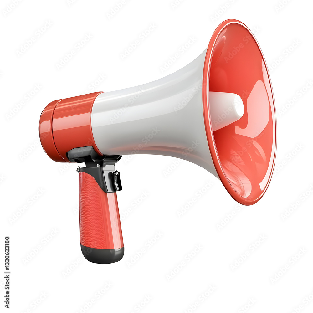 Poster sleek and minimalist 3d rendered red and white megaphone with subtle highlights and shading perfectl