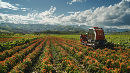 Obraz premium Advanced robotic harvesting machine operating in a vibrant flower farm landscape 